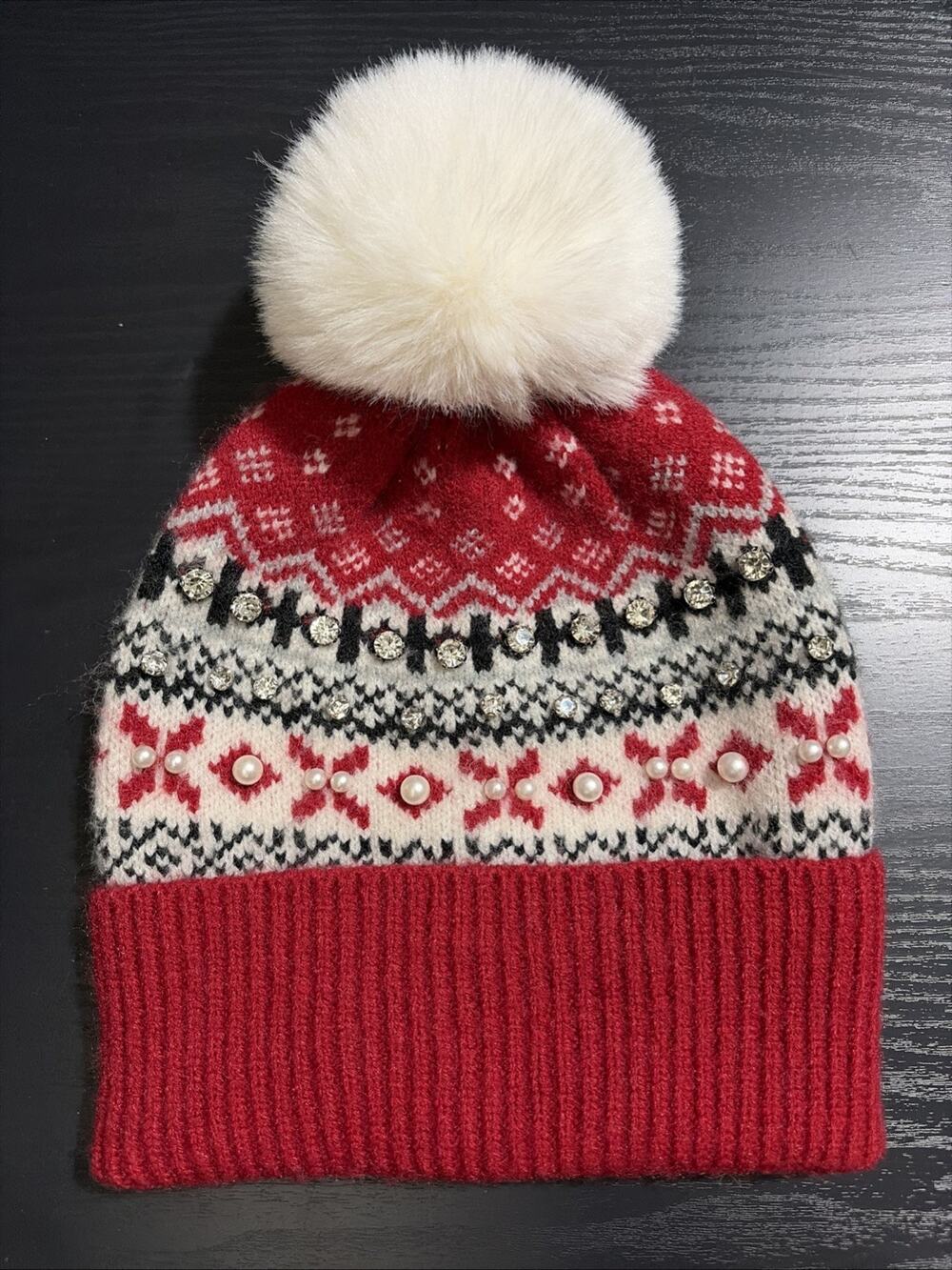 Nine West Winter HAT Beanie Diamonds And FAUX Pearls